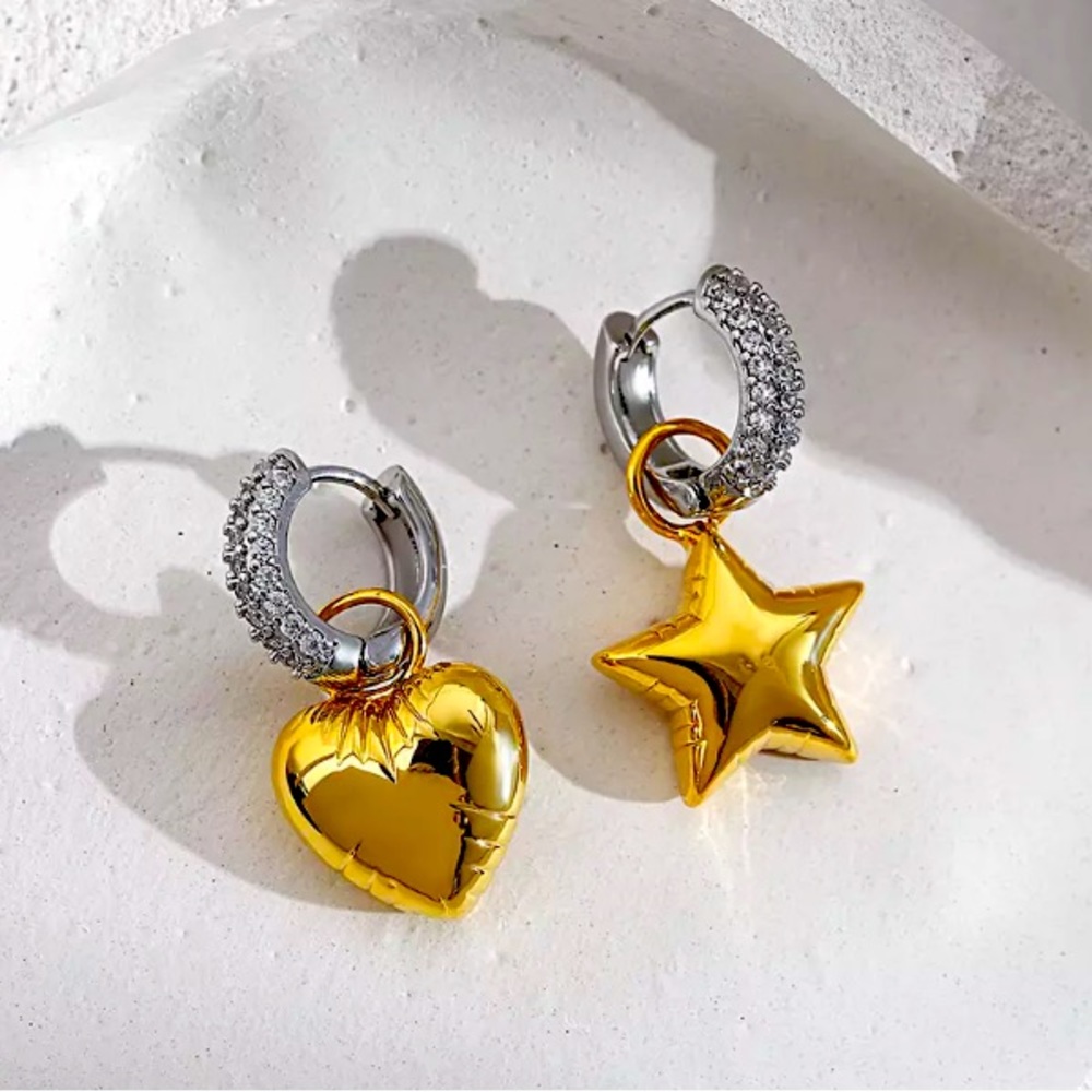 🌟 Asymmetric Heart Start Gold Silver Diamond Hoop